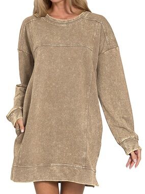 French Terry Acid Washed Dress with Pockets in Mocha